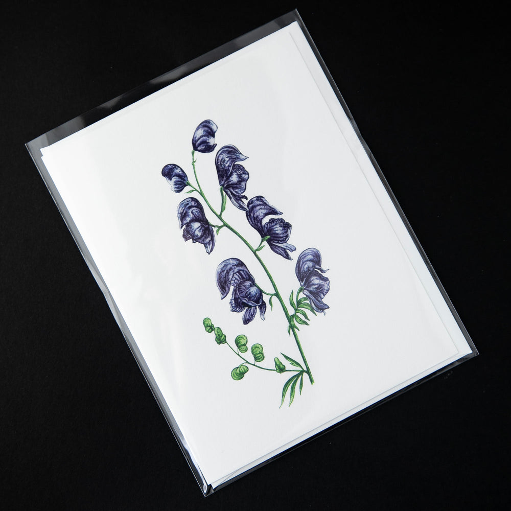 white greeting card featuring a botanical illustration of purple monkshood flowers