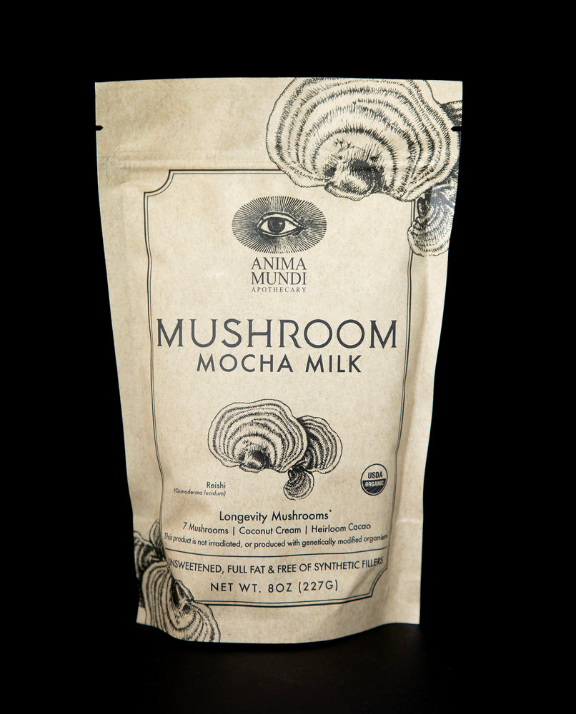 Tan-coloured resealable pouch of Anima Mundi's "Mushroom Mocha Milk" herbal creamer. The bag reads "Longevity mushrooms".