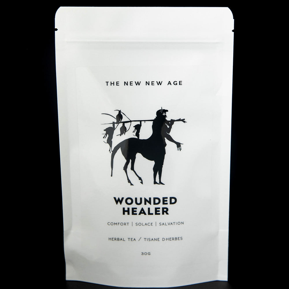 white resealable pouch of The New New Age's "Wounded Healer" herbal tea blend.