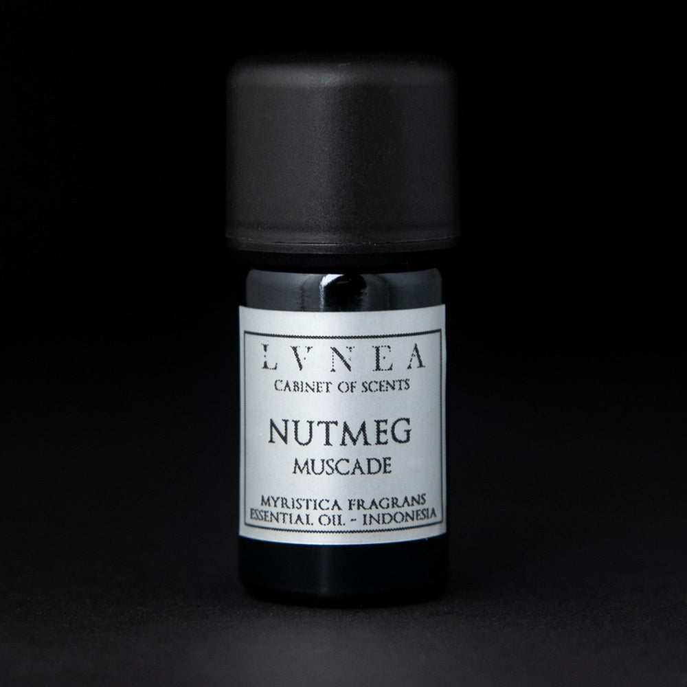 5ml black glass bottle of LVNEA's nutmeg essential oil on black background. The label on the bottle is silver.