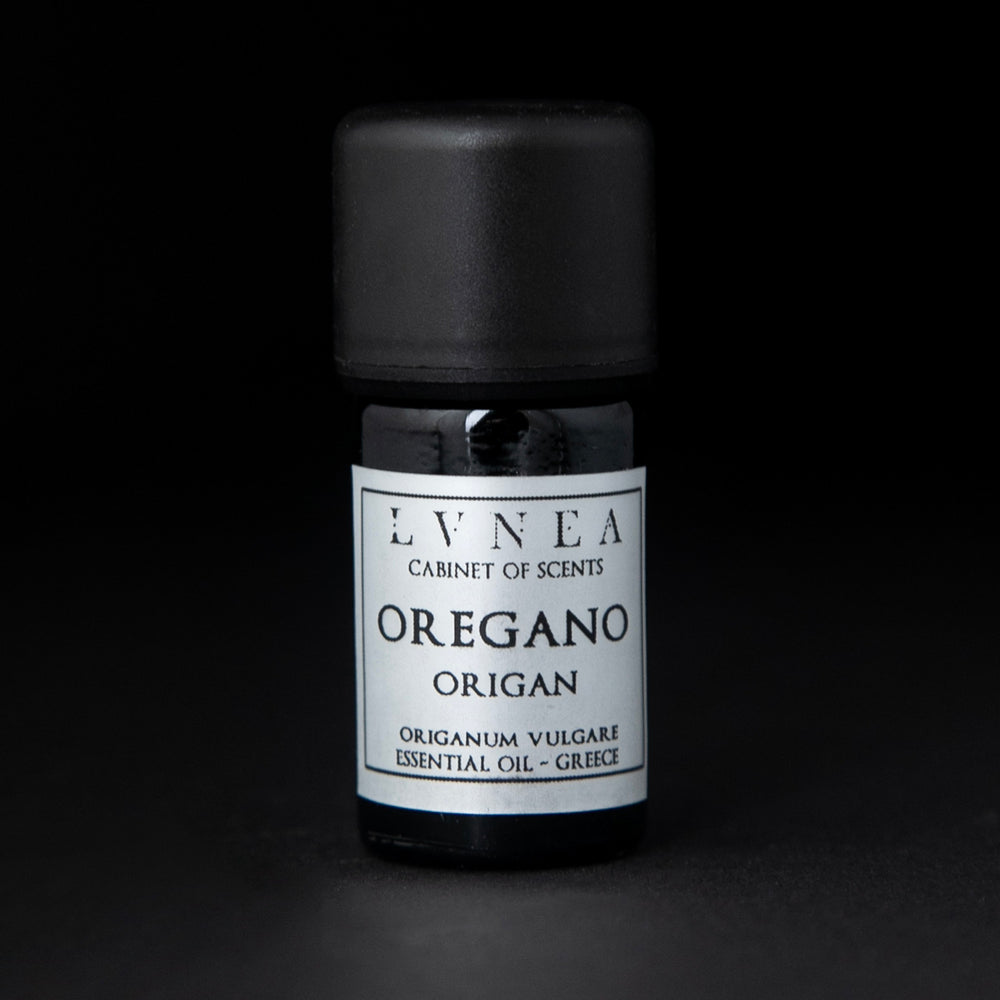 5ml black glass bottle of LVNEA's oregano essential oil on black background. The label on the bottle is silver.