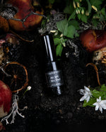 30ml black glass bottle of LVNEA best-selling natural perfume Peche Obscene lying on dirt surrounded by ripe peaches, jasmine, and botanicals