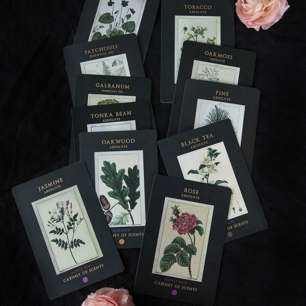 Selection of 11 assorted perfumery cards which feature vintage botanical illustrations and gold leaf text. The cards are scattered across a piece of black linen with fresh roses