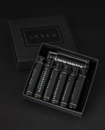 LVNEA 2ml eau de parfum sample set in black box on black background