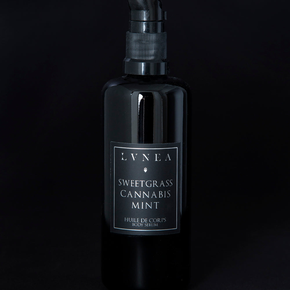 100ml black glass bottle with pump dispenser of LVNEA’s Sweetgrass and Mint body serum