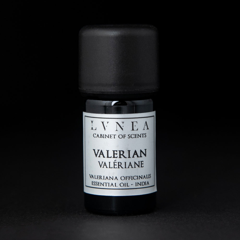 5ml black glass bottle of LVNEA's valerian essential oil on black background. The label on the bottle is silver.